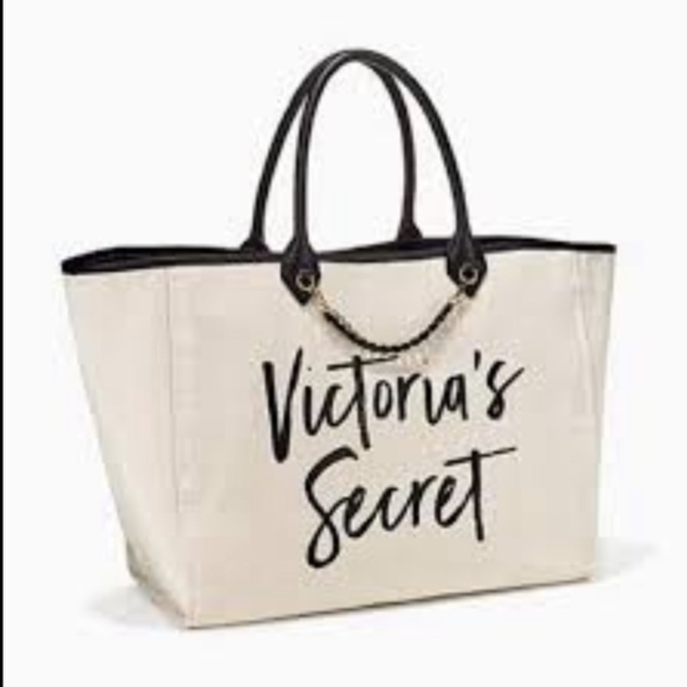 VICTORIAS SECRET large canvas beach tote bag with gold chain